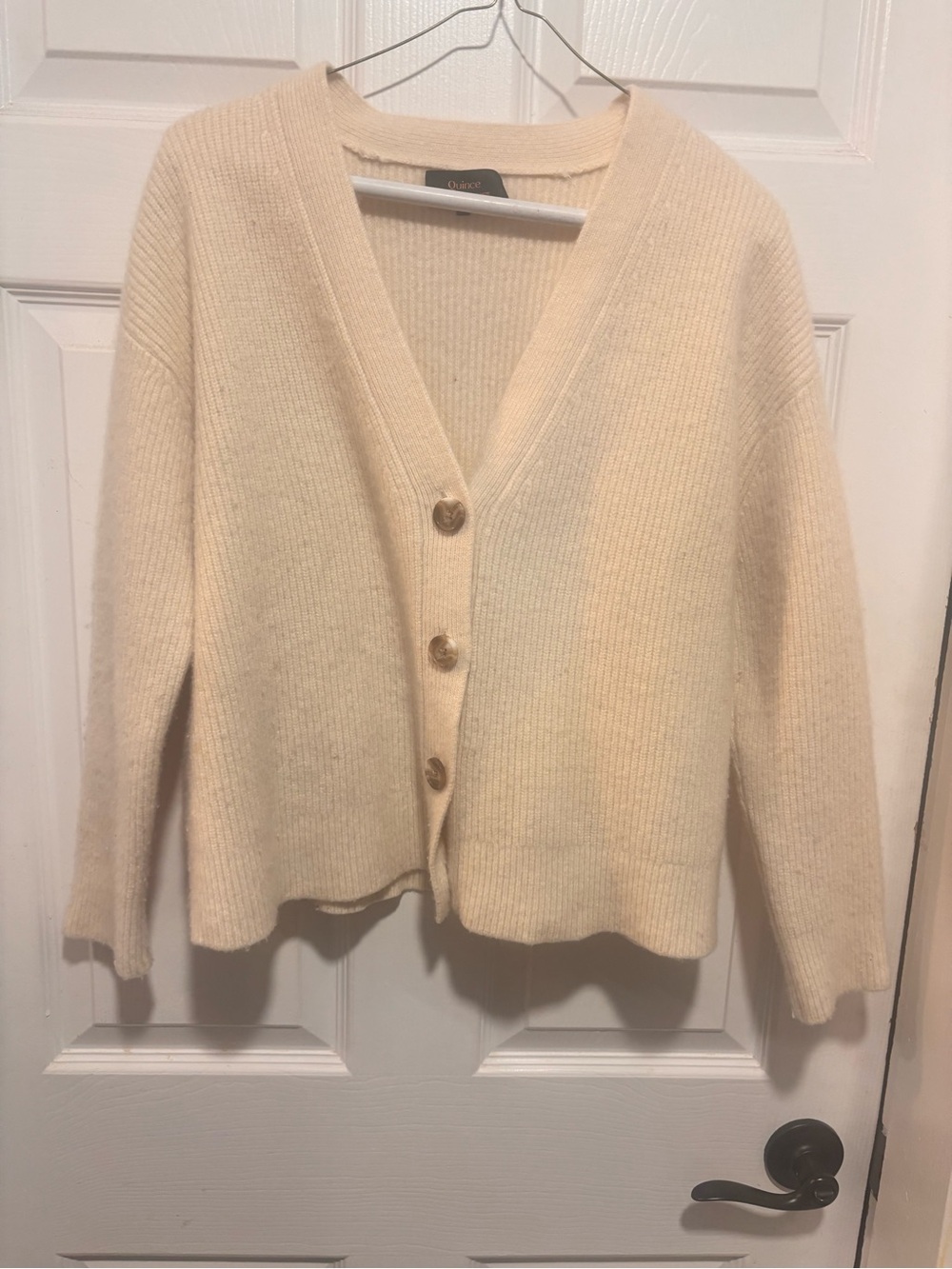 Quince Cream 100% Mongolian Cashmere Ribbed V-Neck Button Cardigan